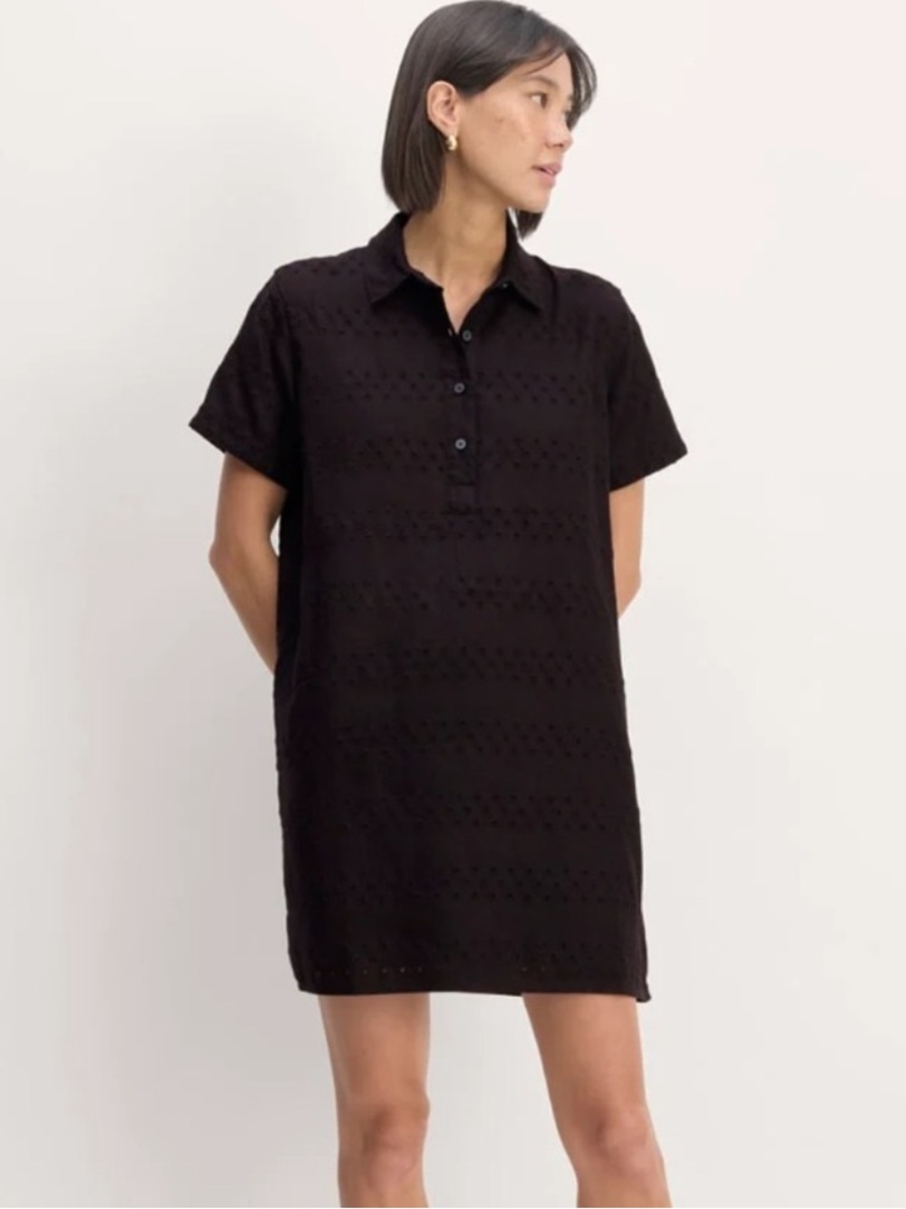 Everlane Eyelet Polo Dress in Black size medium 100% linen 100% cotton Dress - Picture 3 of 10